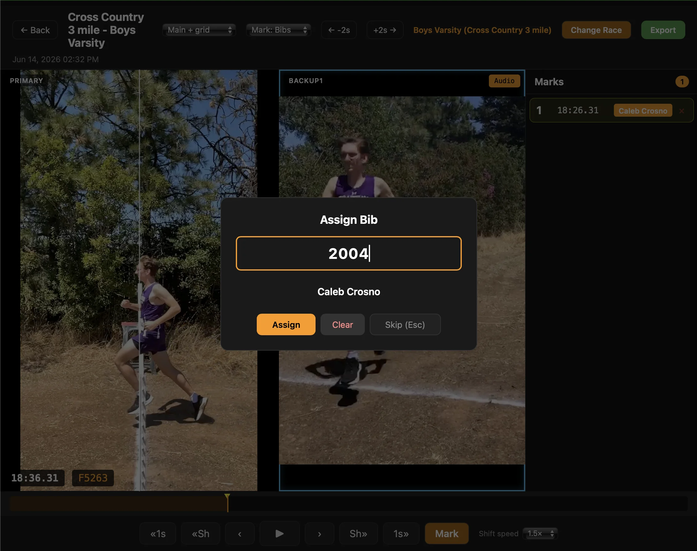 Assign Bib dialog open over the dual-angle review — bib 2004 typed in, the athlete name resolved from the roster underneath