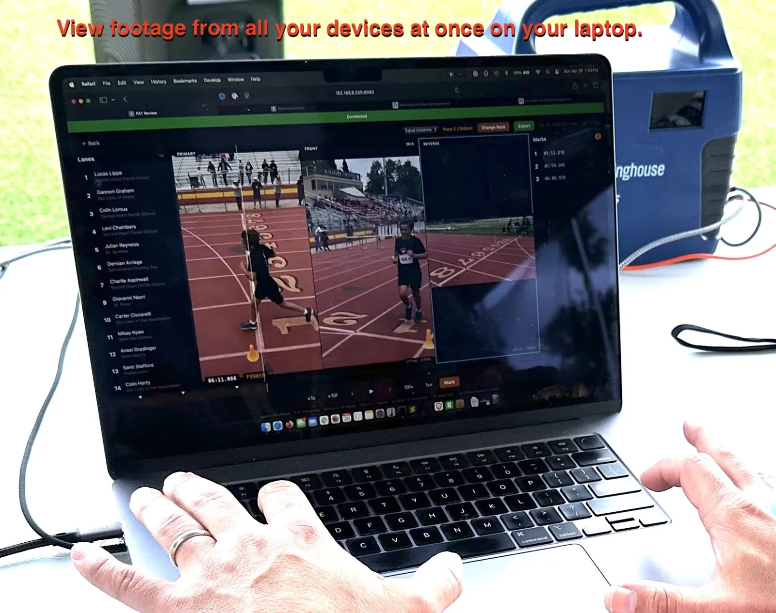 Laptop displaying four simultaneous camera feeds — primary, front, side, reverse — with the lane list and marks panel