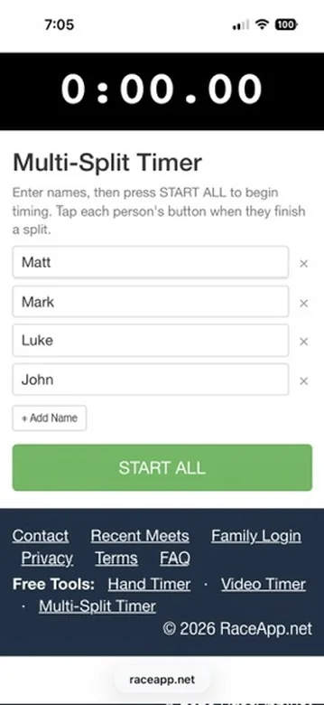 Setup screen with names entered