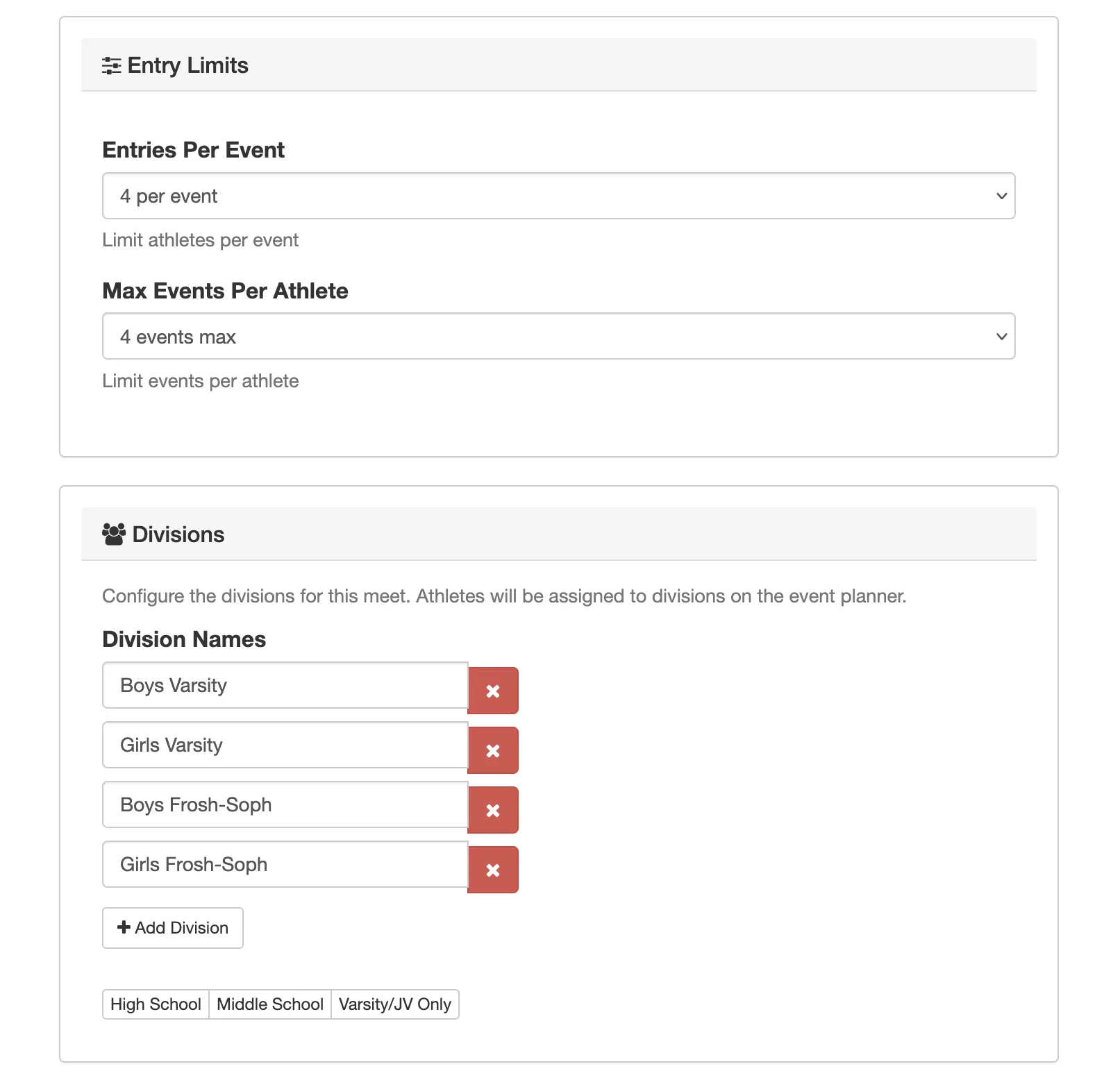 Entry limits and division configuration