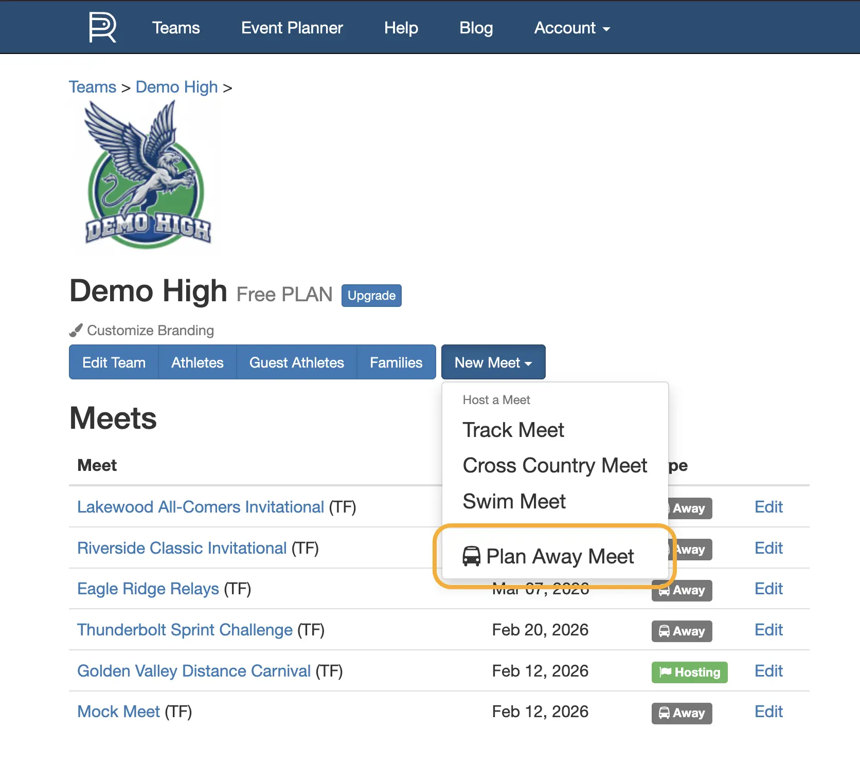 Creating a new meet from the team page
