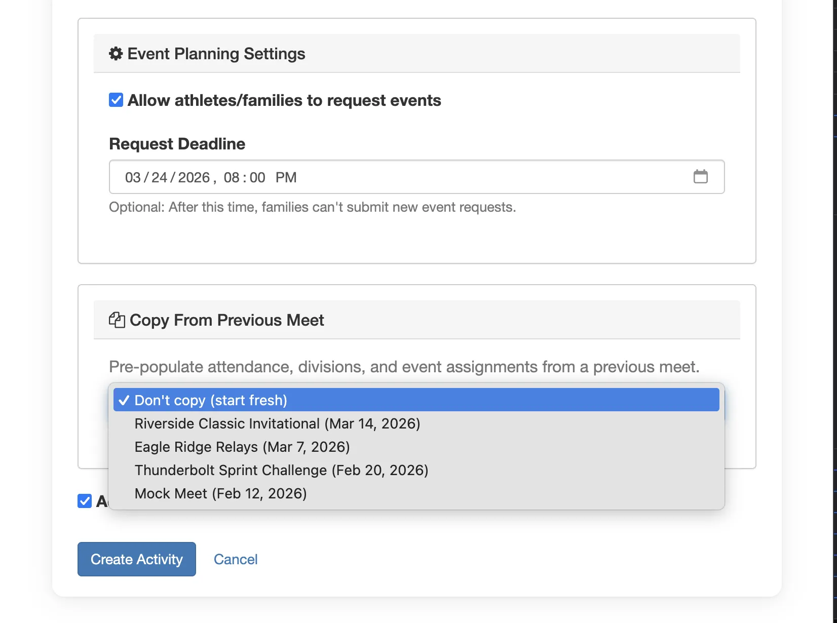 Copy events and settings from a previous meet