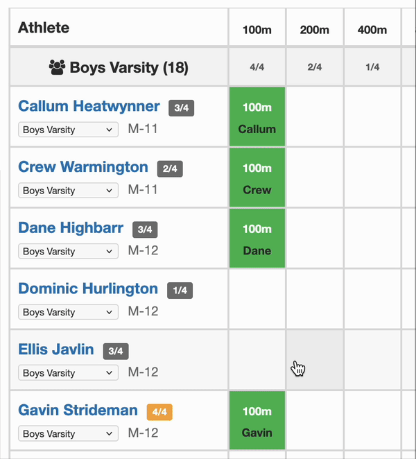 Animated — assigning events and columns highlight pink when over limit