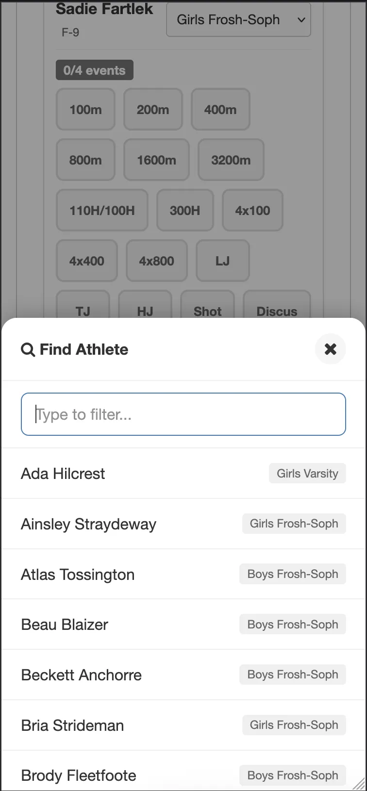 Mobile view with Find Athlete search