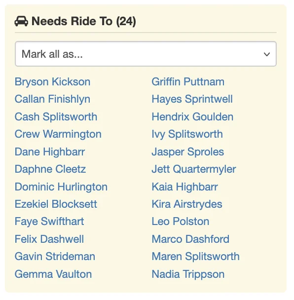 Needs Ride column showing which athletes need transportation