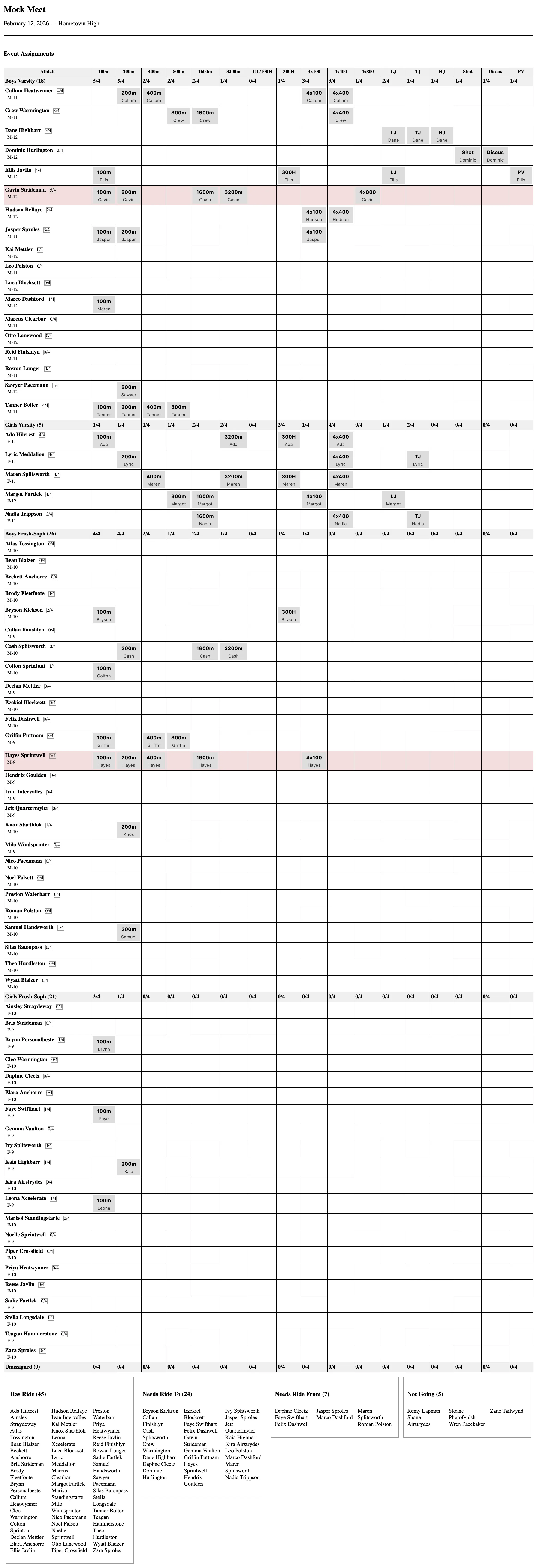 Event Planner — print view for race day
