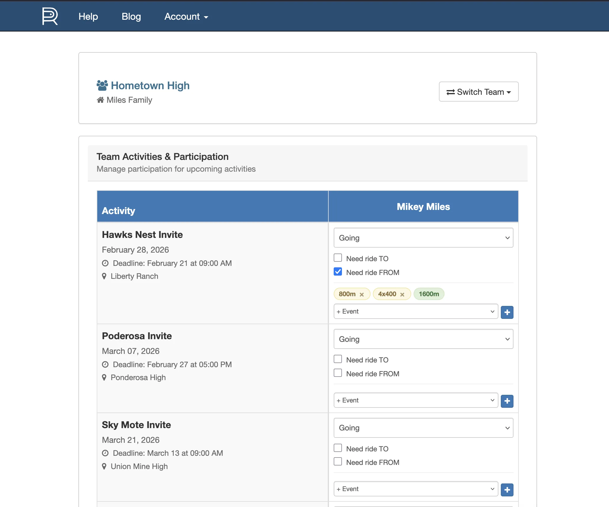 Family portal desktop view — schedule, availability, event requests